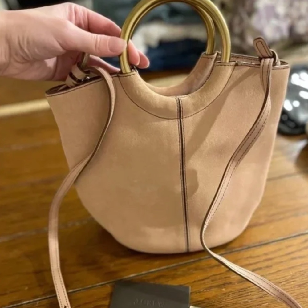 J. Crew ~ Suede Shoulder Hobo Bag Gold Brass Circular Handles ~ NWT!